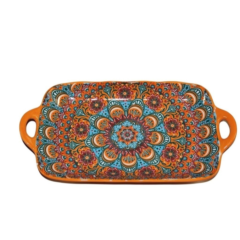 Bohemian Ceramic Fish Platter 12" Rectangular Serving Plate Multicolor New
